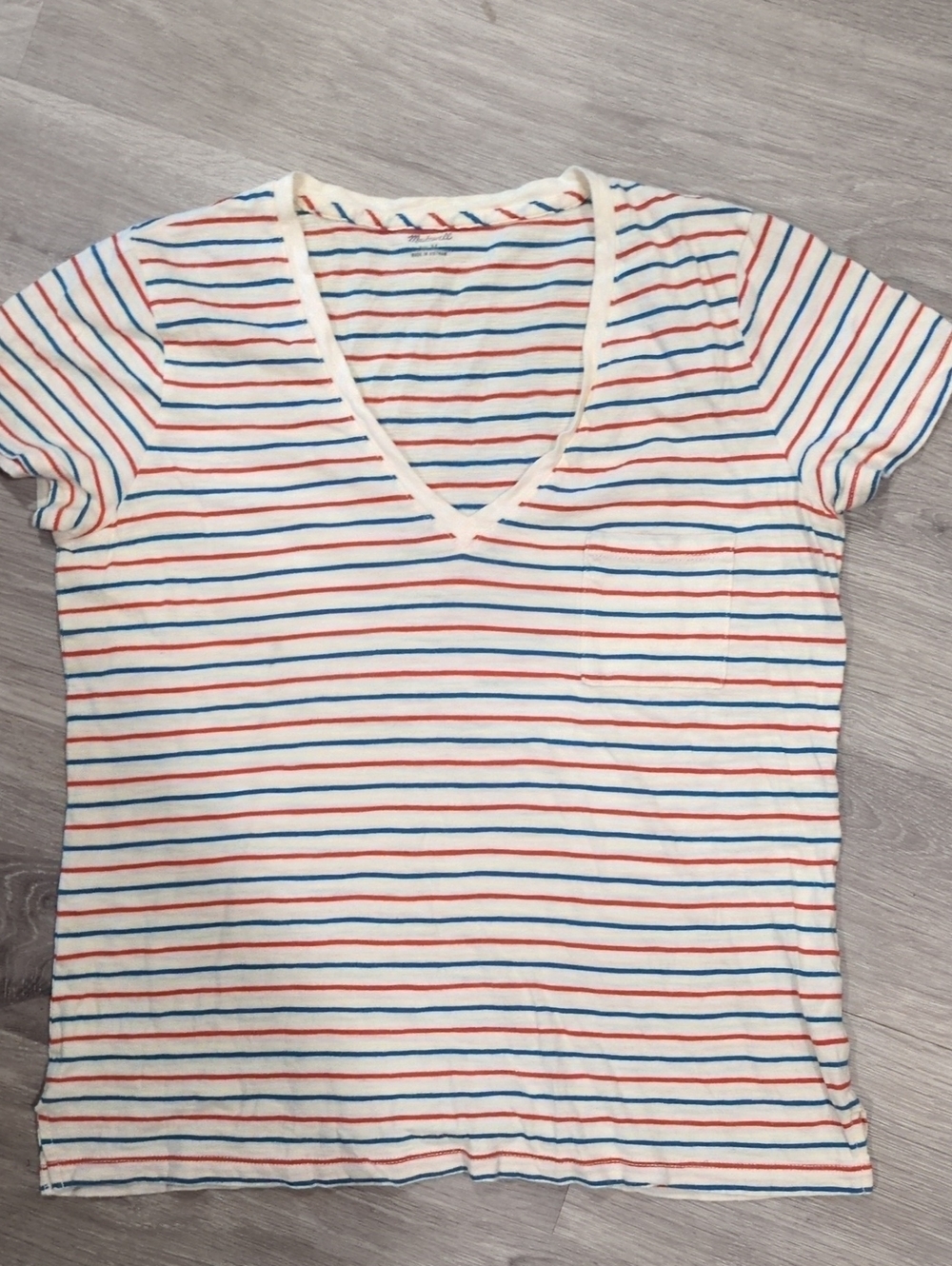 Madewell Cream V-Neck Tee with Red & Blue Stripes